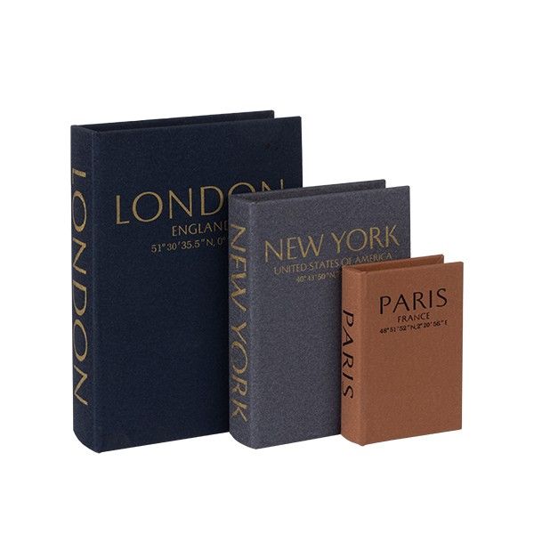 S/3 ΚΟΥΤΙΑ ΒΙΒΛΙΑ ΞΥΛΙΝΑ - PU LONDON  - NEW YORK - PARIS ΜΑΥΡΟ - ΓΚΡΙ - ΚΑΦΕ 21x6x30cm / 17x4.5x23cm / 11x3x16cm Eurolamp 819-01582