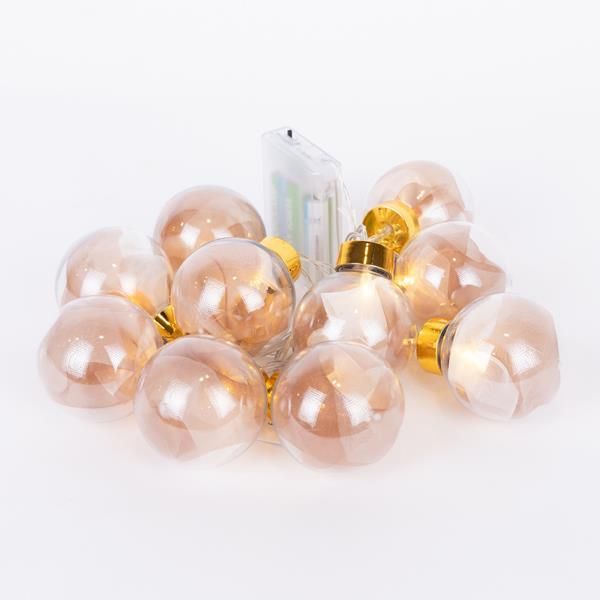 ΣΕΙΡΑ, 10 LED 5mm, ΔΙΑΚΟΣΜΗΤΙΚEΣ ΜΠΑΛΕΣ ΜΕ ΡΟΖ ΧΡΥΣΟ ΥΦΑΣΜΑ, ΜΠΑΤΑΡΙΑΣ 3ΧΑΑ, ΧΡΟΝΟΔΙΑΚΟΠΤΗ, ΘΕΡΜΟ ΛΕΥΚΟ LED ΑΝΑ 15cm, ΔΙΑΦΑΝΟ PVC ΚΑΛΩΔΙΟ, ΠΡΟΕΚΤΑΣΗ ΠΑΡΟΧΗΣ 30cm, IP20 Eurolamp 600-03055