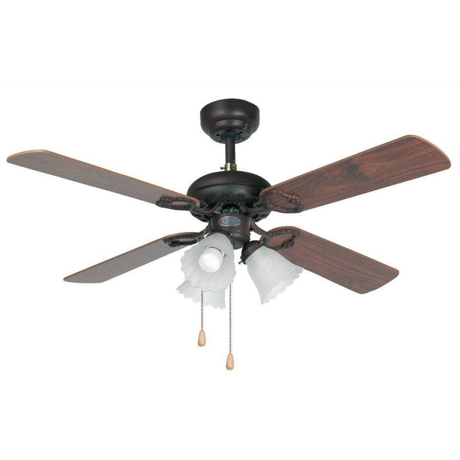 Ανεμιστήρας Οροφής Small Ø107cm 47w με Φωτισμό 4*Ε27,Κορμός σκούρο Καφέ, Τέσσερα Πτερύγια Μαόνι-σκούρο καφέ Διπλής όψης, Αλυσίδα,Faro Lisboa 33102