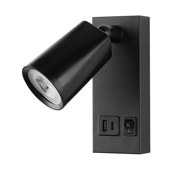 ΑΠΛΙΚΑ ΚΡΕΒΑΤΙΟΥ ΑΝΑΓΝΩΣΗΣ ΜΑΥΡΗ ΜΕ USB -TYPE C 5W 3000K 150X80X145mm  ARTE ILLUMINA CHARGE Eurolamp 145-22070
