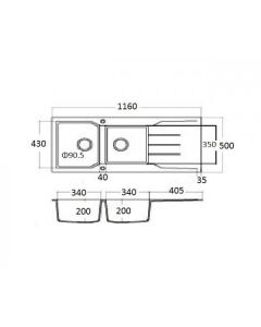 Νεροχύτης Κουζίνας Γρανίτης 116x50cm Ένθετος Eρμάριο 80cm 2 Γούρνες & Πoδιά Sanitec 801-36-Grafite  