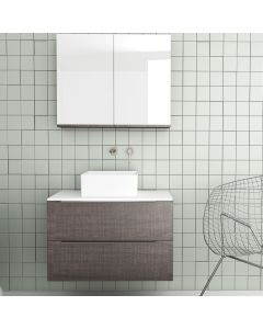 Orabella Solid Surface 80 με δύο Πόρτες - Κρεμαστό Έπιπλο Μπάνιου για επικαθήμενο νιπτήρα και καθρέπτης ντουλάπι σε αποχρώσεις ξύλου με χρωμέ γραμμικά πόμολα F70242-70242,70105,W-80