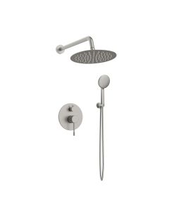 Orabella Terra Brushed nickel - Shower set εντοιχισμού με Μπαταρία λουτρού, εντοιχισμού 2 σημείων, κεφαλή Φ250 με βραχίονα και τηλέφωνο ντουζ με σπιράλ και επιτοίχειο στήριγμα 10318