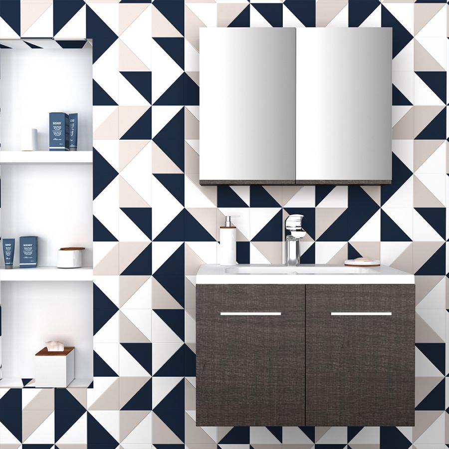 Orabella Mood 80 με δύο Πόρτες - Κρεμαστό Έπιπλο Μπάνιου με πορσελάνινο νιπτήρα Tecla και καθρέπτη ντουλάπι F60160-70136-70105-60160