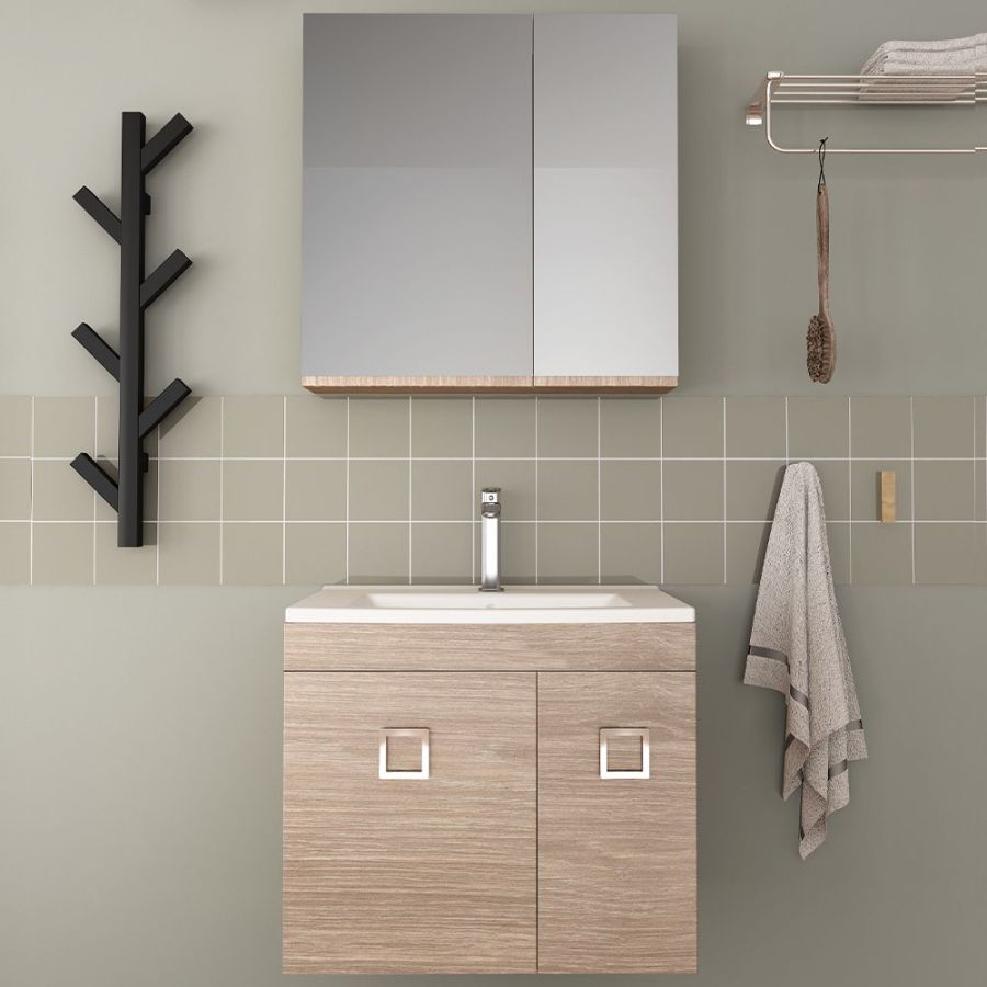 Orabella Vero 65 - Κρεμαστό Έπιπλο Μπάνιου με πορσελάνινο νιπτήρα Ege και καθρέπτη ντουλάπι με χρωμέ λαβές F60173-70102-70220-60173