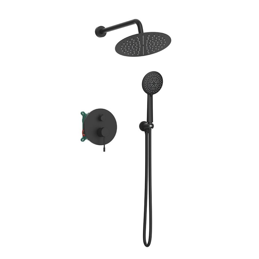 Orabella Terra Black matt - Shower set εντοιχισμού με Μπαταρία λουτρού, εντοιχισμού 2 σημείων, κεφαλή Φ250 με βραχίονα και τηλέφωνο ντουζ με σπιράλ και επιτοίχειο στήριγμα 10272