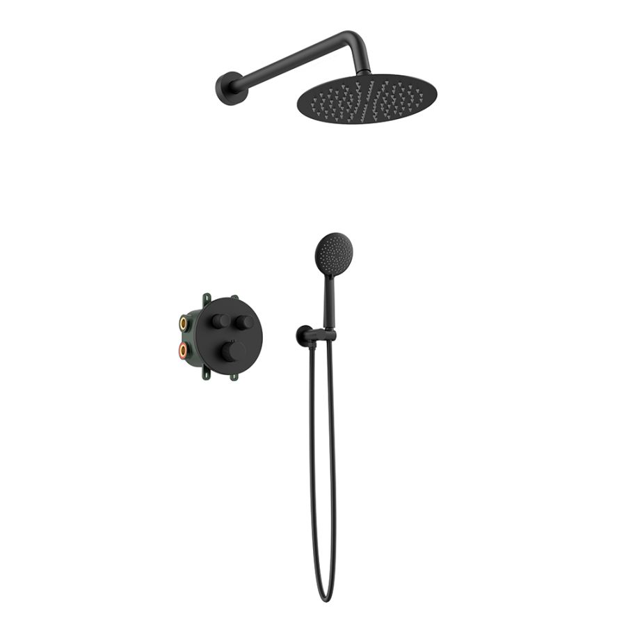 Orabella Terra|Preciosa Black matt - Set εντοιχισμού, με θερμοστατική μπαταρία λουτρού 2 σημείων με στρόγγυλλη κεφαλή, βραχίονα, παροχή - στήριγμα και τηλέφωνο ντουζ με σπιράλ 10289