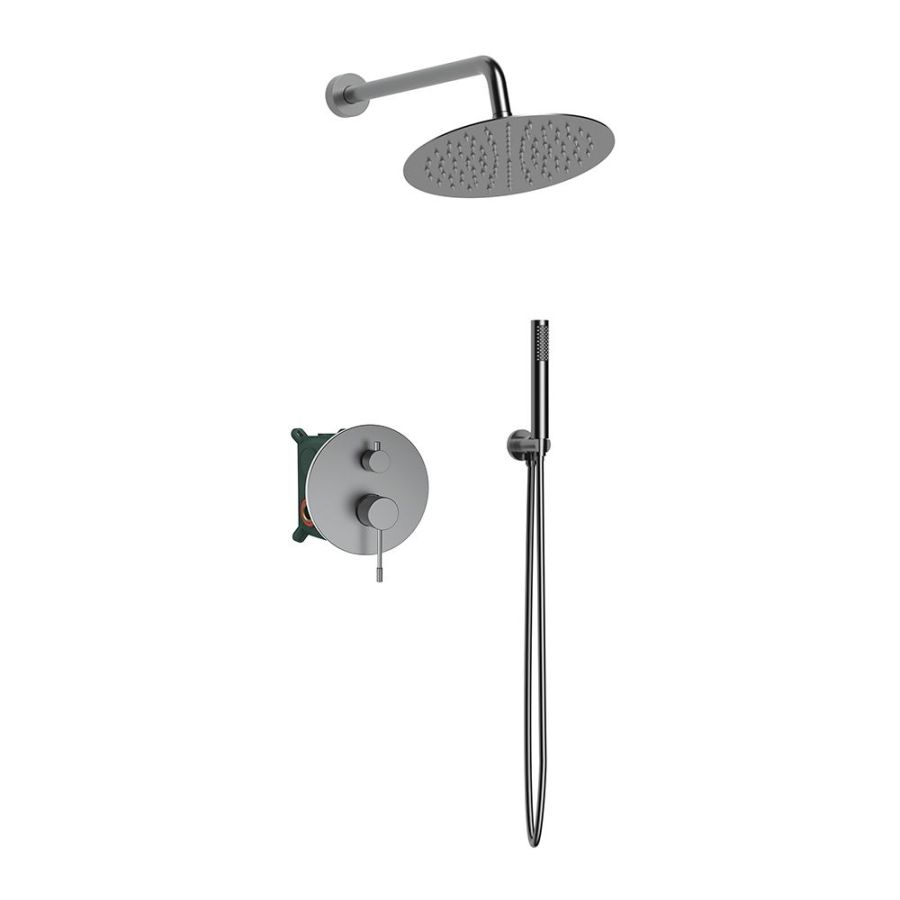 Orabella Terra Gun Metal Light - Shower set εντοιχισμού με Μπαταρία λουτρού, εντοιχισμού 2 σημείων, κεφαλή Φ250 με βραχίονα και τηλέφωνο ντουζ με σπιράλ και επιτοίχειο στήριγμα 10312