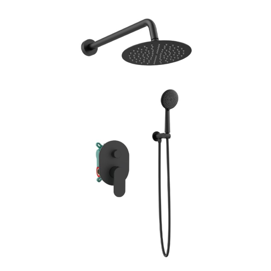 Orabella Oval Black matt - Shower set εντοιχισμού με Μπαταρία λουτρού, εντοιχισμού 2 σημείων, κεφαλή Φ250 με βραχίονα και τηλέφωνο ντουζ με σπιράλ και επιτοίχειο στήριγμα 10466