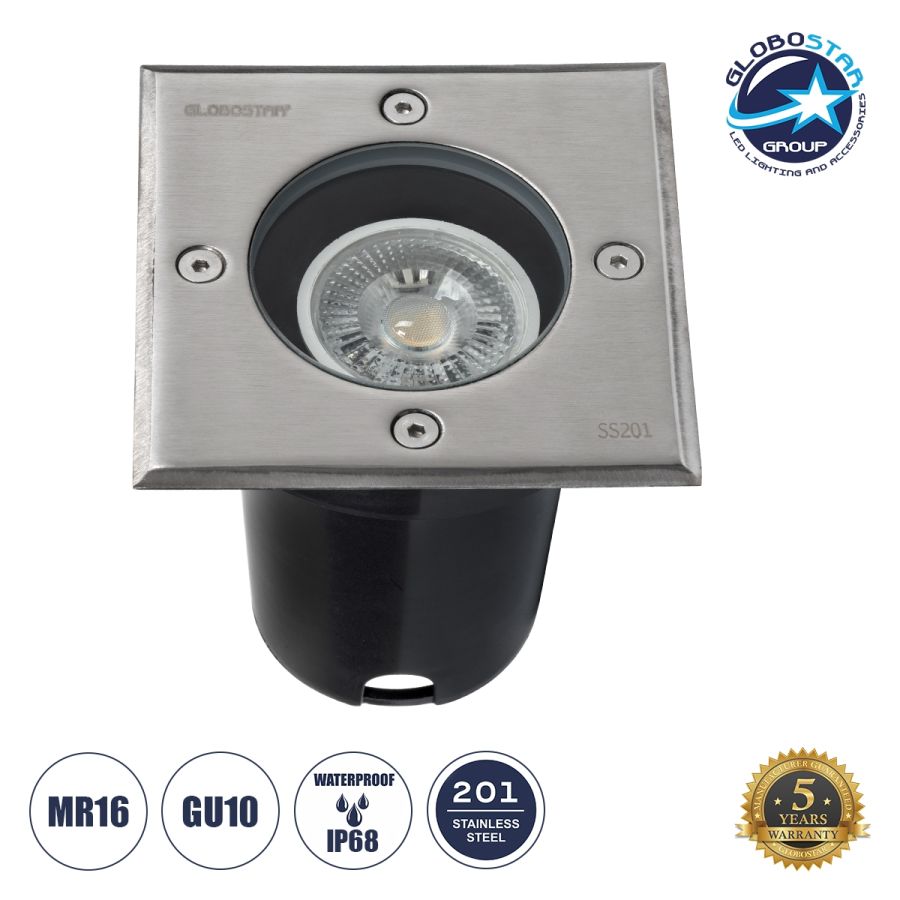 Φωτιστικό Δαπέδου IP68 Χωνευτό Τετράγωνο M11xΠ11xY11,5cm MR16 με Ντουί GU10 IK09 Stainless Steel 201 Nickel Matt-Tempered Glass Globostar Gigo 60362
