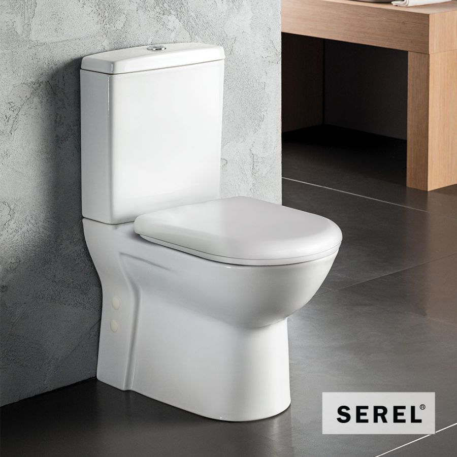 Λεκάνη Χαμηλής Πίεσης Πισωστόμια VELA Back To Wall με Απλό κάλυμμα 9001, Serel White 671200-300