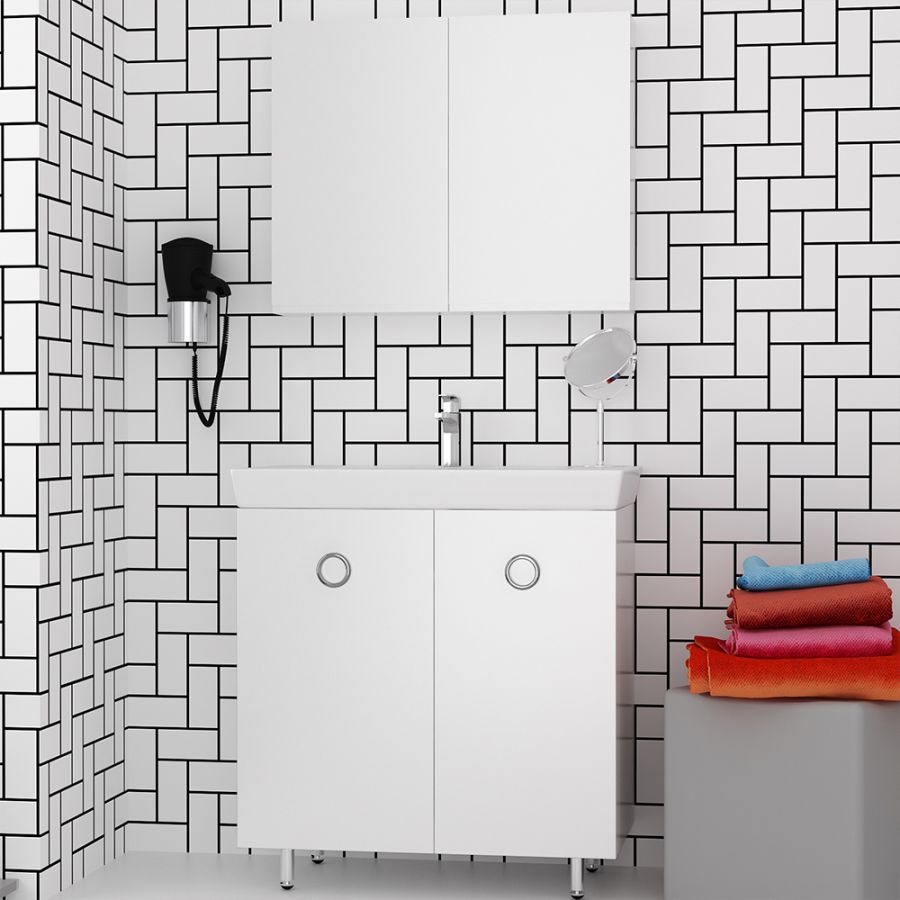 Orabella Vanity 80 Long - Έπιπλο Μπάνιου Επιδαπέδιο με πορσελάνινο νιπτήρα Ege και καθρέπτη ντουλάπι σε αποχρώσεις ξύλου με χρωμέ γραμμικά πόμολα 70128-70105,60156