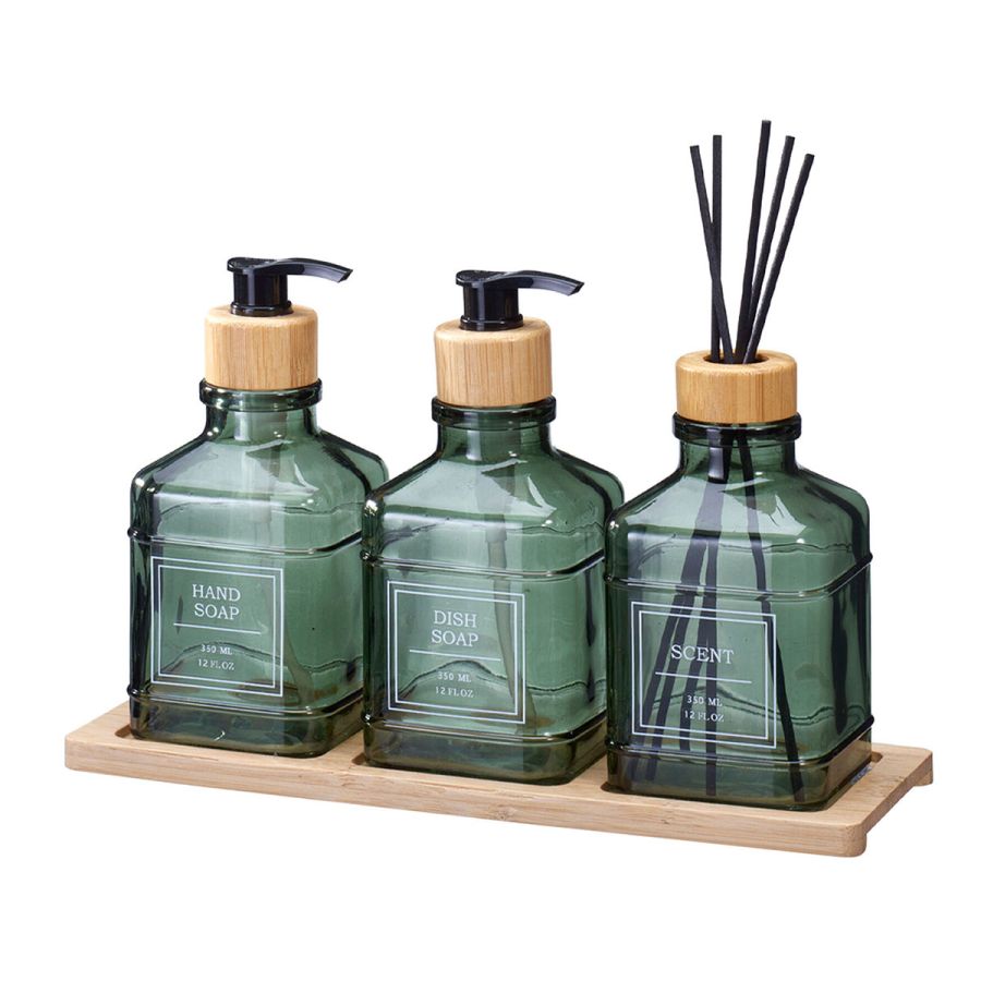 Σετ Δύο Dispenser & Αρωματικό Χώρου με Sticks Γυάλινο/Μπαμπού με δίσκο Green MRShome DF-0019001