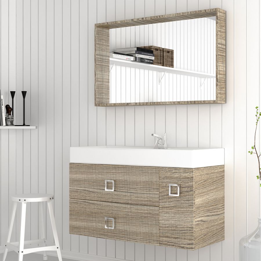 Orabella Touch 101 με μια Πόρτα και δύο Συρτάρια - Κρεμαστό Έπιπλο Μπάνιου με πορσελάνινο νιπτήρα Tecla και καθρέπτη Infinity 100 F60168-70156-70109-60168