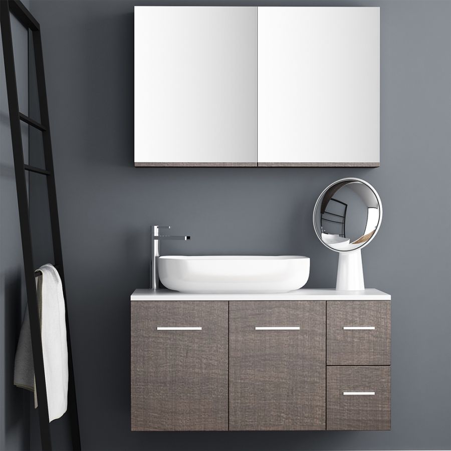 Orabella Solid Surface 100 με τέσσερα Συρτάρια - Κρεμαστό Έπιπλο Μπάνιου για επικαθήμενο νιπτήρα και καθρέπτης ντουλάπι σε αποχρώσεις ξύλου με χρωμέ γραμμικά πόμολα F60176-70162,70107,W-100
