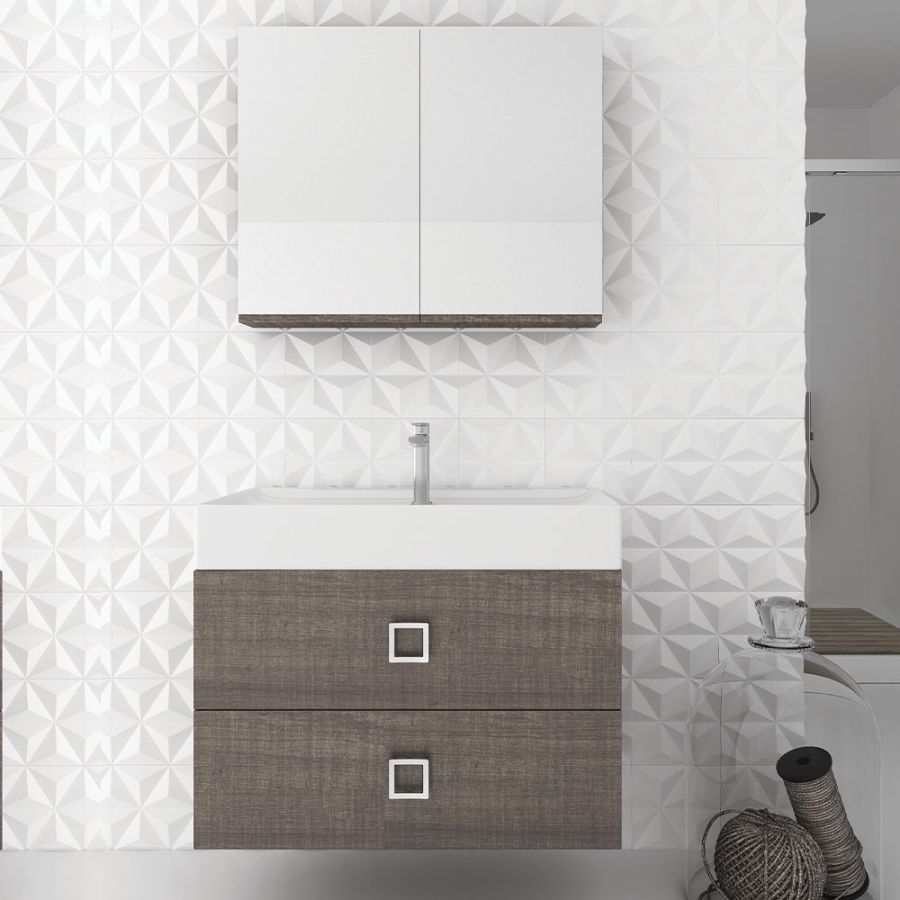 Orabella Touch 81 με δύο Συρτάρια - Κρεμαστό Έπιπλο Μπάνιου με πορσελάνινο νιπτήρα Tecla και καθρέπτη ντουλάπι σε αποχρώσεις ξύλου με χρωμέ γραμμικά πόμολα F70248-70249,70105,60167