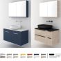 Orabella Solid Surface 100 με τέσσερα Συρτάρια - Κρεμαστό Έπιπλο Μπάνιου για επικαθήμενο νιπτήρα και καθρέπτης ντουλάπι σε αποχρώσεις ξύλου με χρωμέ γραμμικά πόμολα F60176-70162,70107,W-100