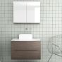 Orabella Solid Surface 80 με δύο Συρτάρια - Κρεμαστό Έπιπλο Μπάνιου για επικαθήμενο νιπτήρα και καθρέπτης ντουλάπι σε αποχρώσεις ξύλου με χρωμέ γραμμικά πόμολα F70242-70243,70105,W-80