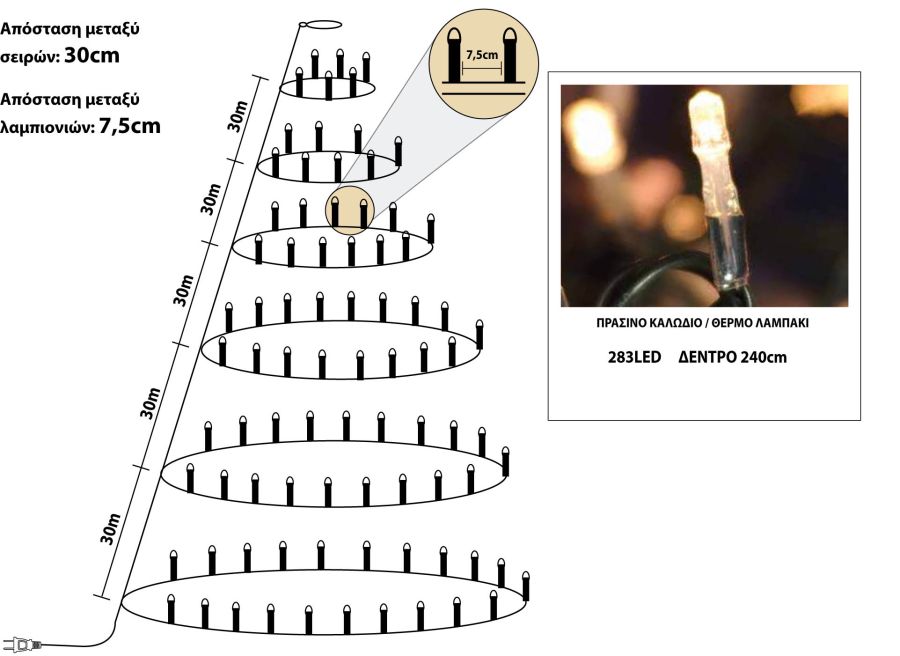 283Led Λαμπάκια Σταθερά Στύλ Κώνος Με Μετασχηματιστή Ip44 Με Πράσινο Καλώδιο/Θερμό Λαμπάκι Για Δέντρο 240cm (Kelvin: 2.500 - 3.000) Lianos 60132